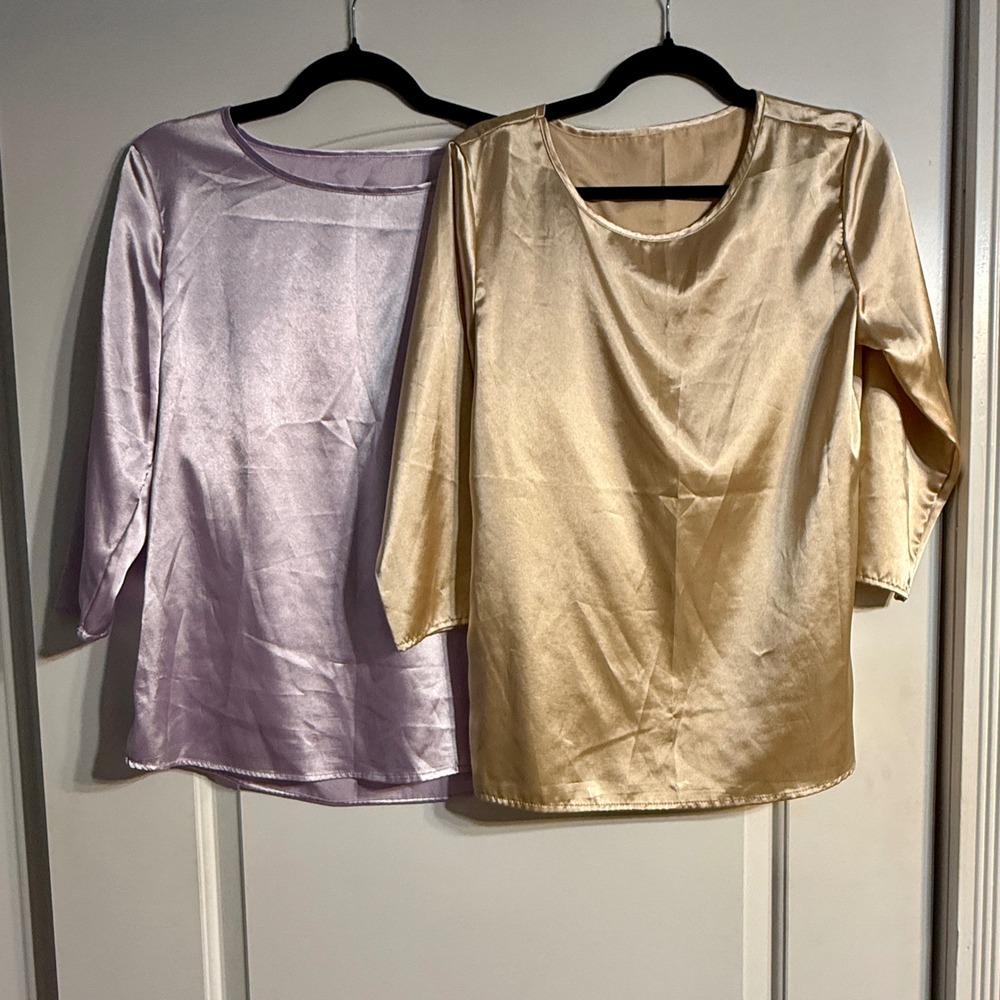 Womens Satin Blouse Set Small Gold Lavender 3/4 Sleeve Tops Shimmer Bundle